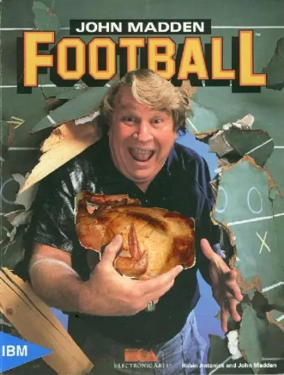 a john madden football magazine cover with john madden holding a gourmet butcher block turducken as if it were a football busting through a background that is a chalkboard with football plays on it